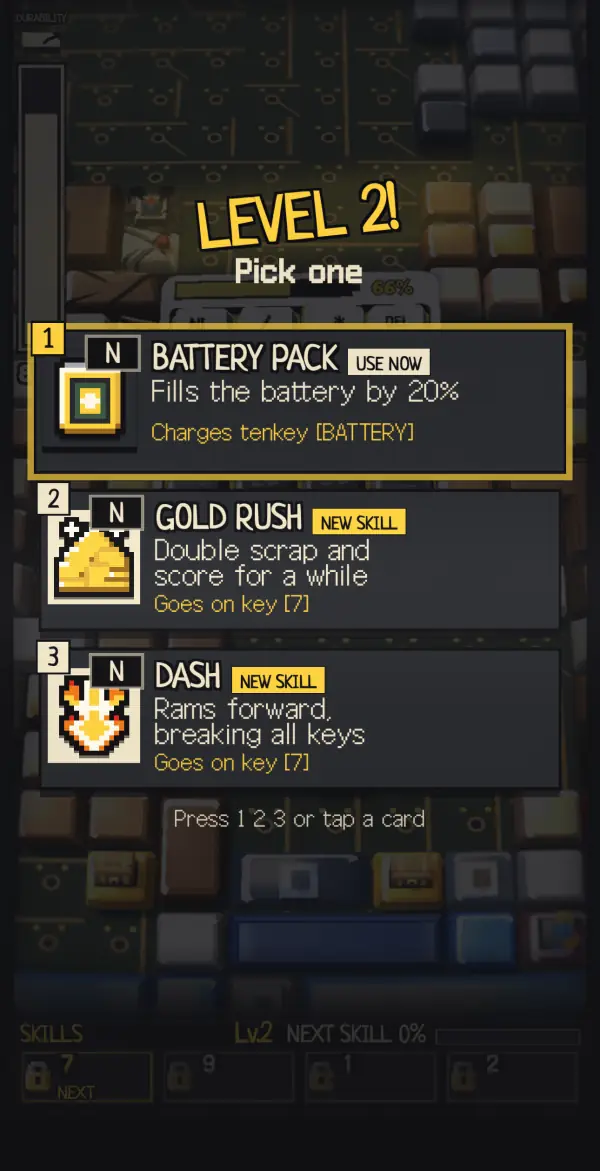 Level-up screen with three skill cards