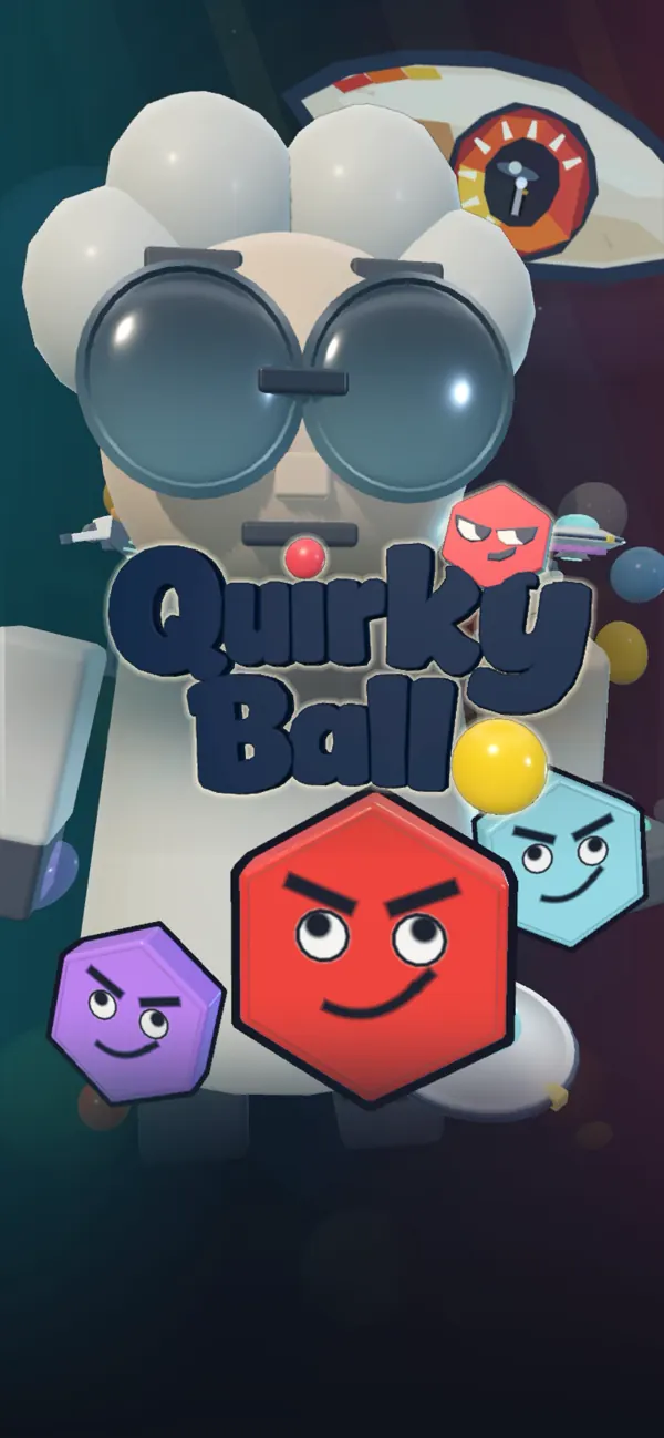 Quirky Ball 로고와 교수, 육각형 쿼키들이 있는 타이틀 화면