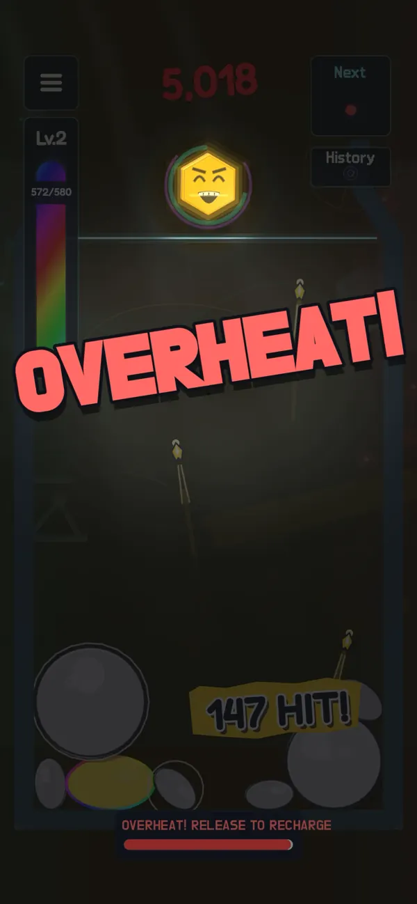 구슬을 쏘다 OVERHEAT 경고가 뜬 2D 머지 화면