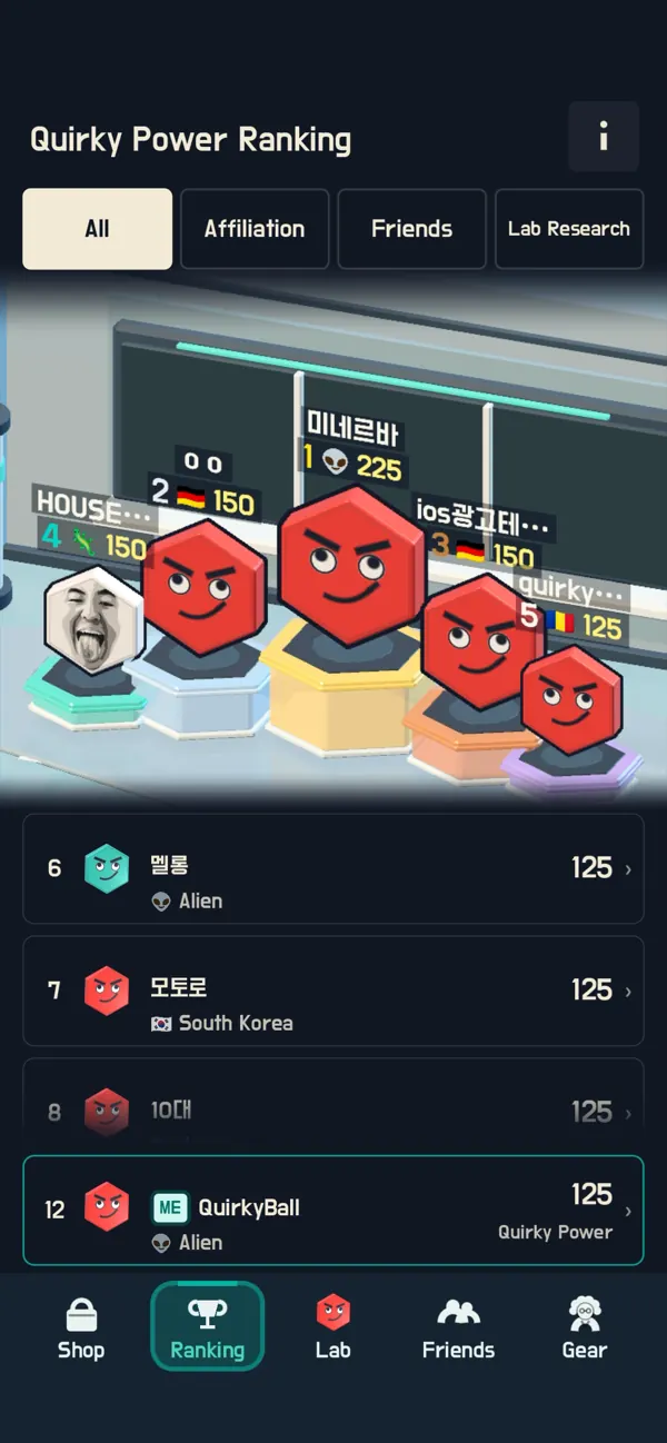 쿼키들이 시상대에 선 쿼키력 랭킹 화면